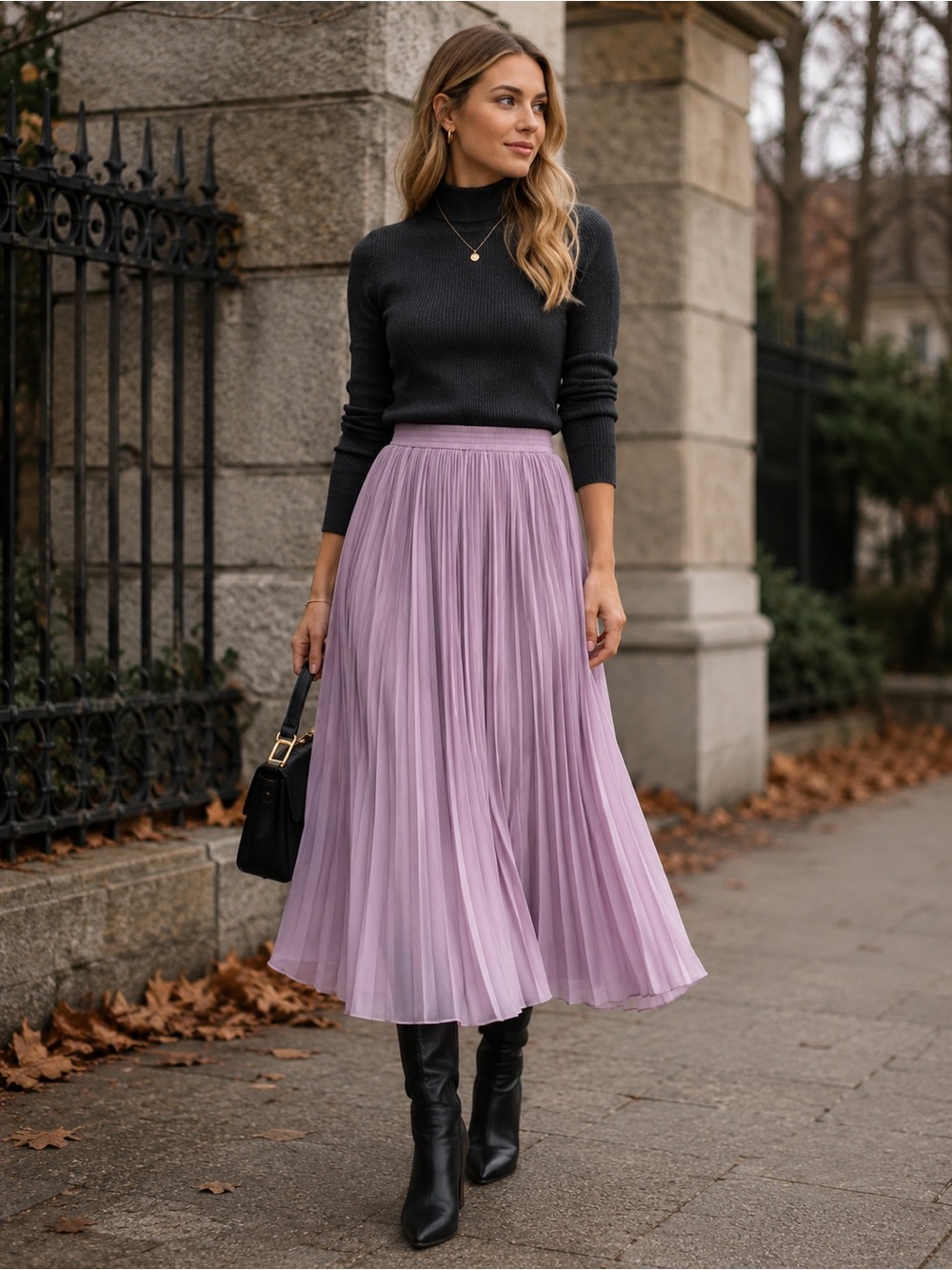 H&M Dusty Lilac Accordion Pleated Midi Skirt Elastic Waist S